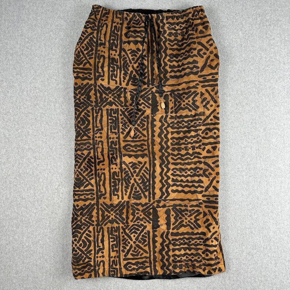 Malaika Womens Medium Brown Black Tribal Print 100% Leather Maxi Skirt Boho Slit